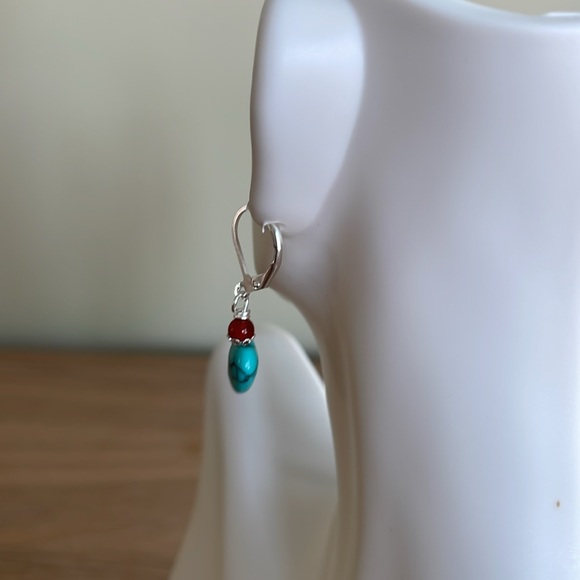 HAND CRAFTED TURQUOISE HEART PIERCED EARRINGS Turquoise Hearts Brown Carnelian - Picture 4 of 14